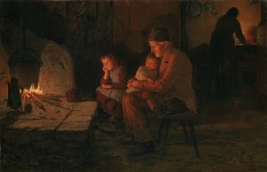 A family by the fireplace